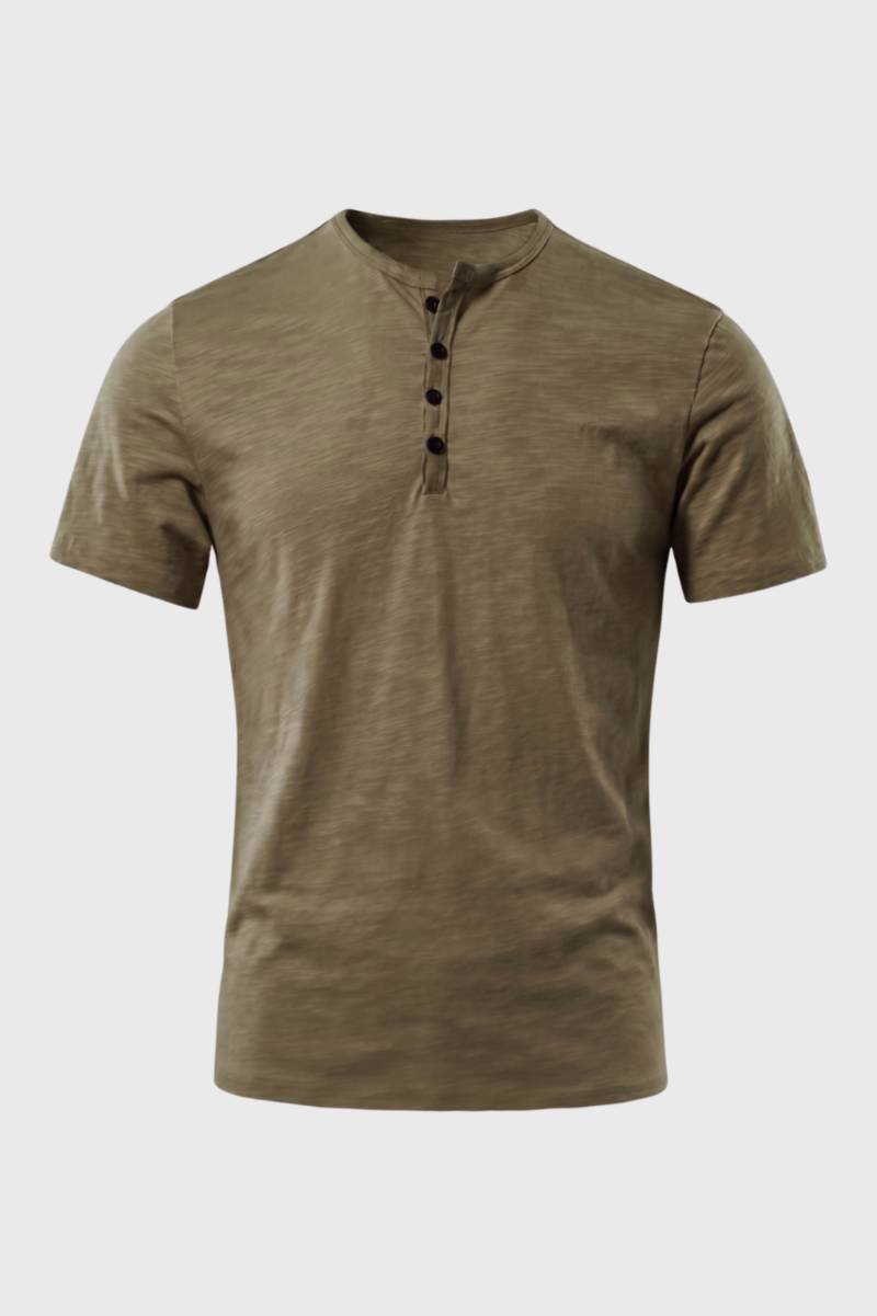Men’s Henley T-Shirt with Button Collar | Lightweight Casual Short Sleeve Tee in Taupe | Modern Slim Fit