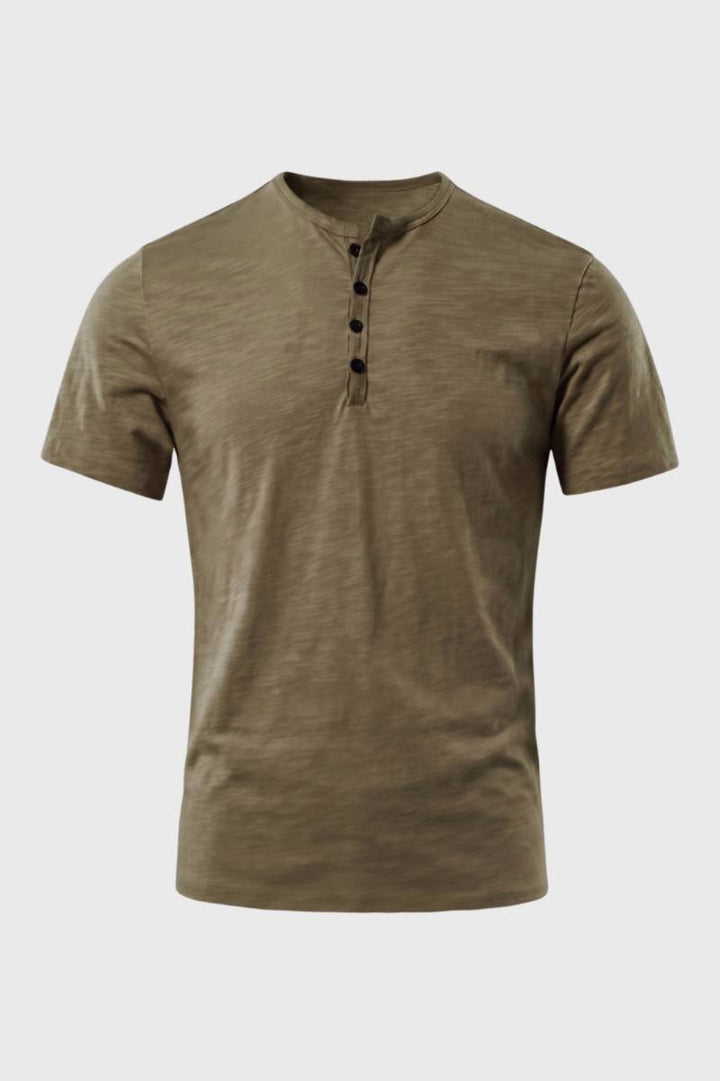 Men’s Henley T-Shirt with Button Collar | Lightweight Casual Short Sleeve Tee in Taupe | Modern Slim Fit