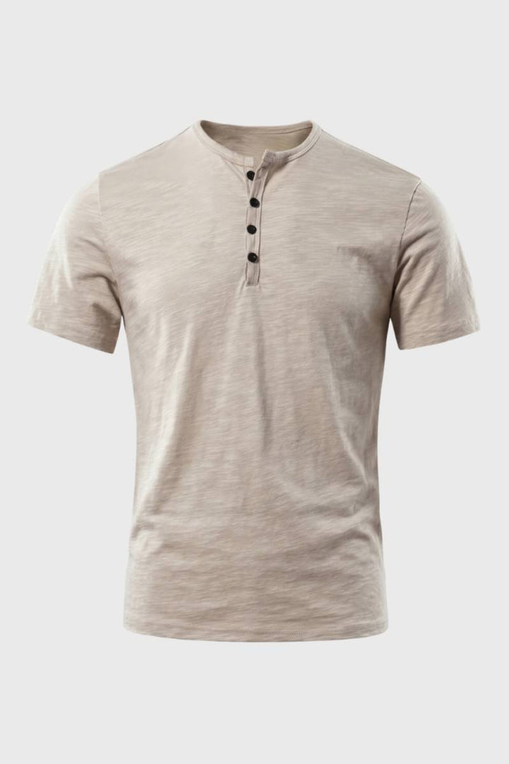 Men’s Henley T-Shirt with Button Collar | Lightweight Casual Short Sleeve Tee in Taupe | Modern Slim Fit
