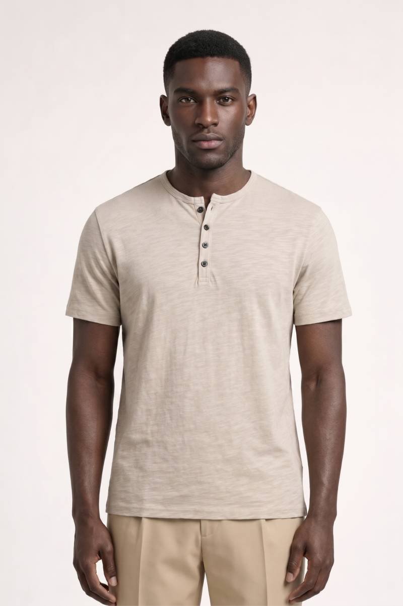 Men’s Henley T-Shirt with Button Collar | Lightweight Casual Short Sleeve Tee in Taupe | Modern Slim Fit