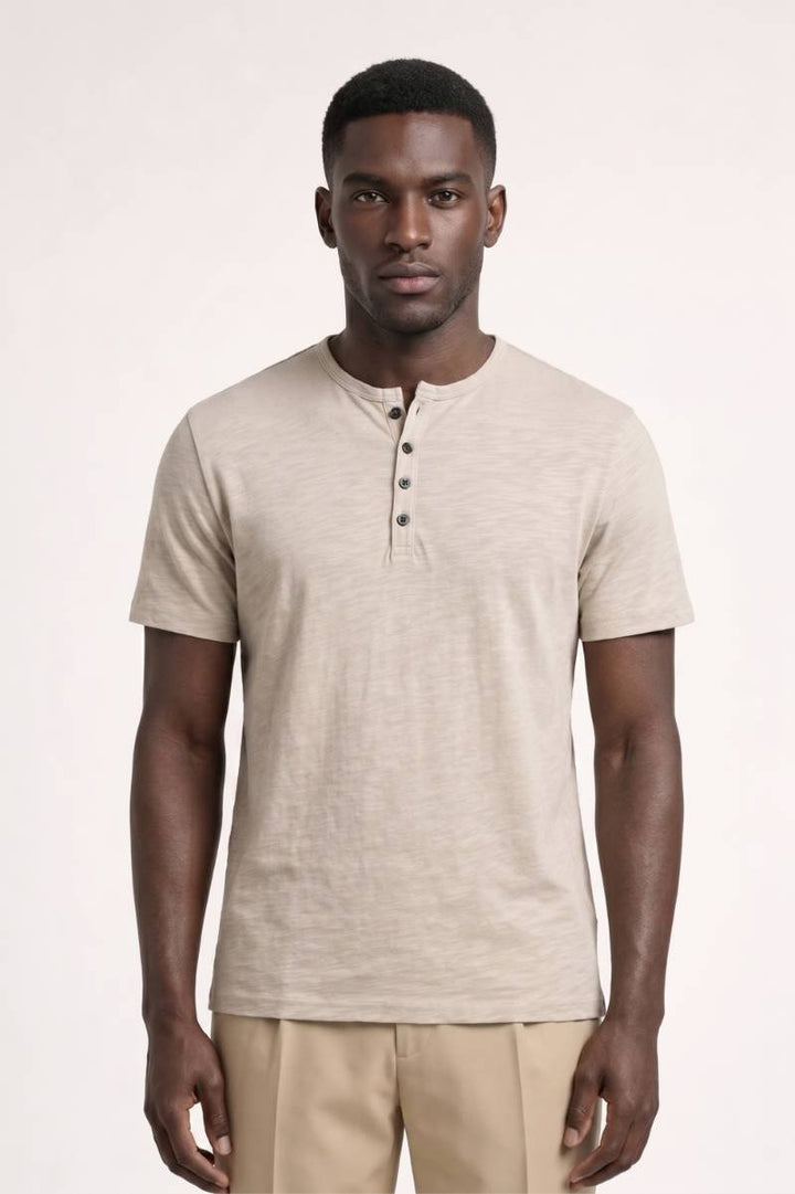Men’s Henley T-Shirt with Button Collar | Lightweight Casual Short Sleeve Tee in Taupe | Modern Slim Fit