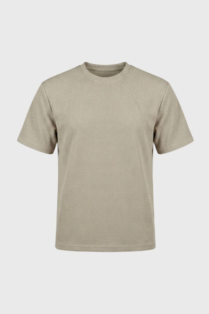 Men’s Waffle Knit T-Shirt | Textured Beige Crew Neck Tee | Lightweight Casual Regular Fit