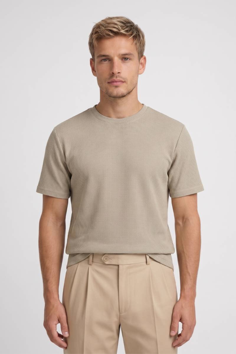 Men’s Waffle Knit T-Shirt | Textured Beige Crew Neck Tee | Lightweight Casual Regular Fit