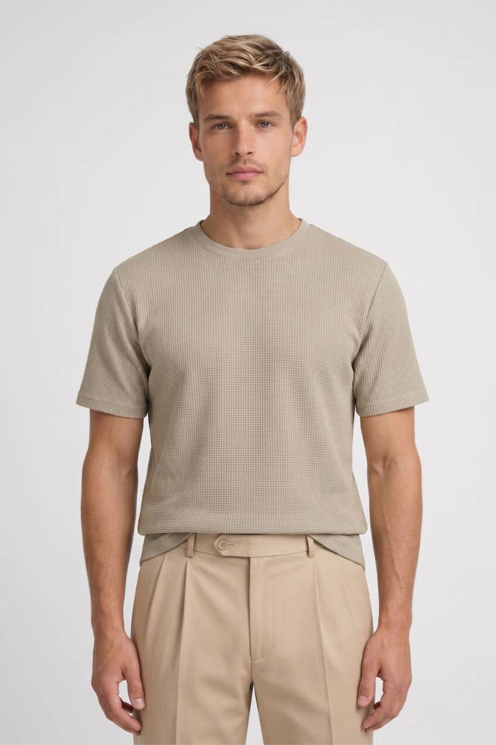 Men’s Waffle Knit T-Shirt | Textured Beige Crew Neck Tee | Lightweight Casual Regular Fit