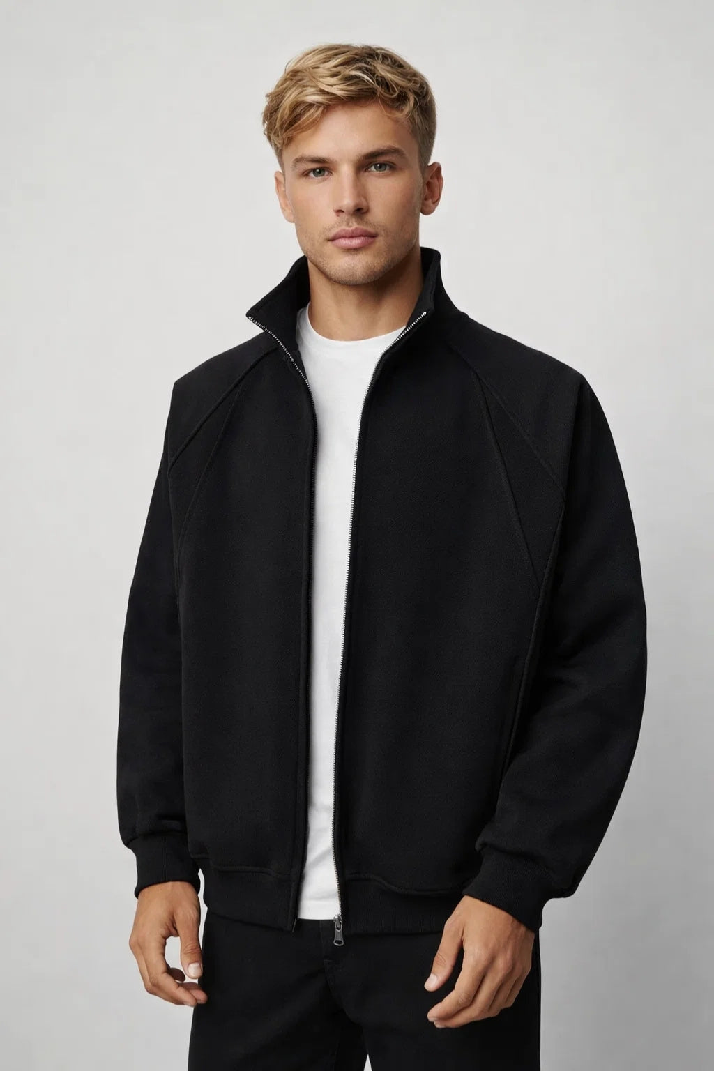 Men’s Zip-Up Sweat Jacket with Stand Collar | Casual Lightweight Layer in Gray | Relaxed Modern Fit