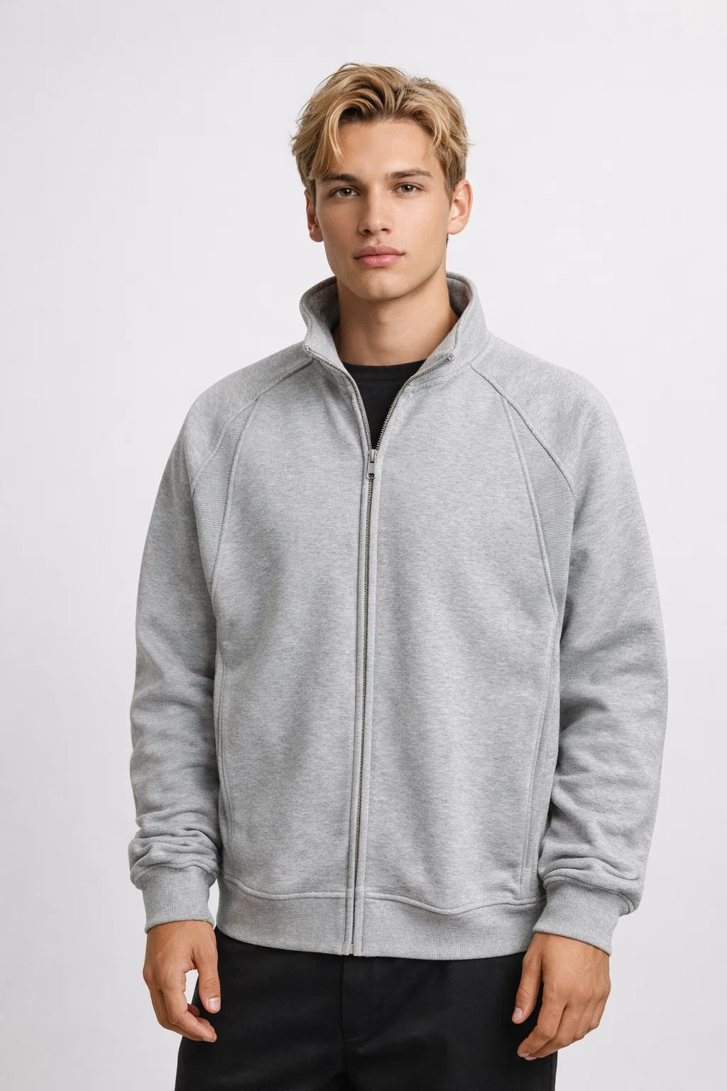 Men’s Zip-Up Sweat Jacket with Stand Collar | Casual Lightweight Layer in Gray | Relaxed Modern Fit