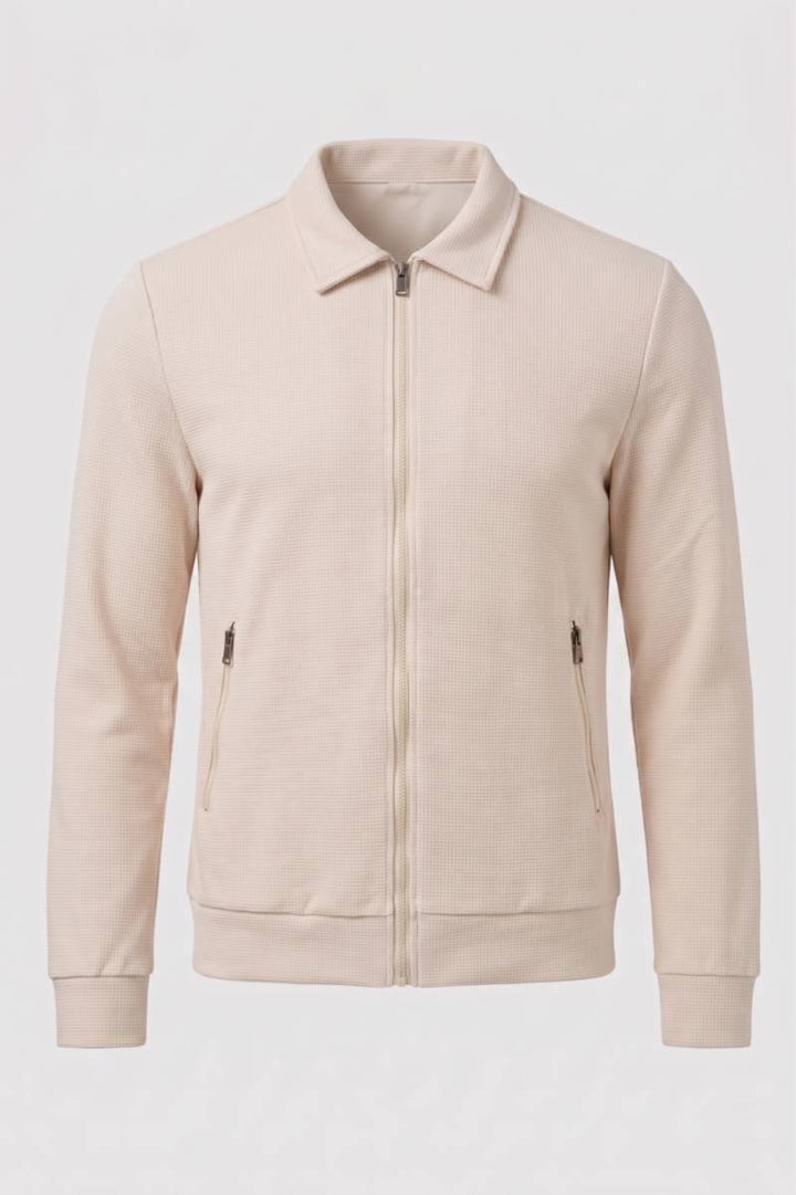 Men’s Zip-Up Knit Jacket with Collar | Lightweight Casual Layer in Beige | Modern Regular Fit