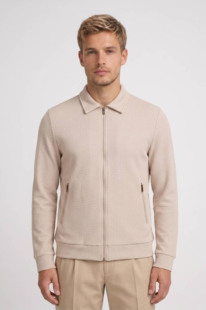 Men’s Zip-Up Knit Jacket with Collar | Lightweight Casual Layer in Beige | Modern Regular Fit